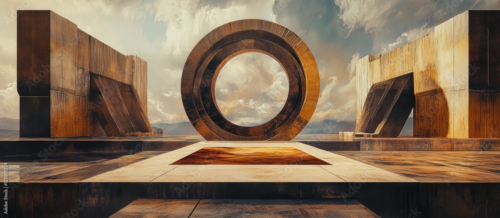 Poster three monumental structures in warm earth tones surround a central circular board; dramatic clouds e