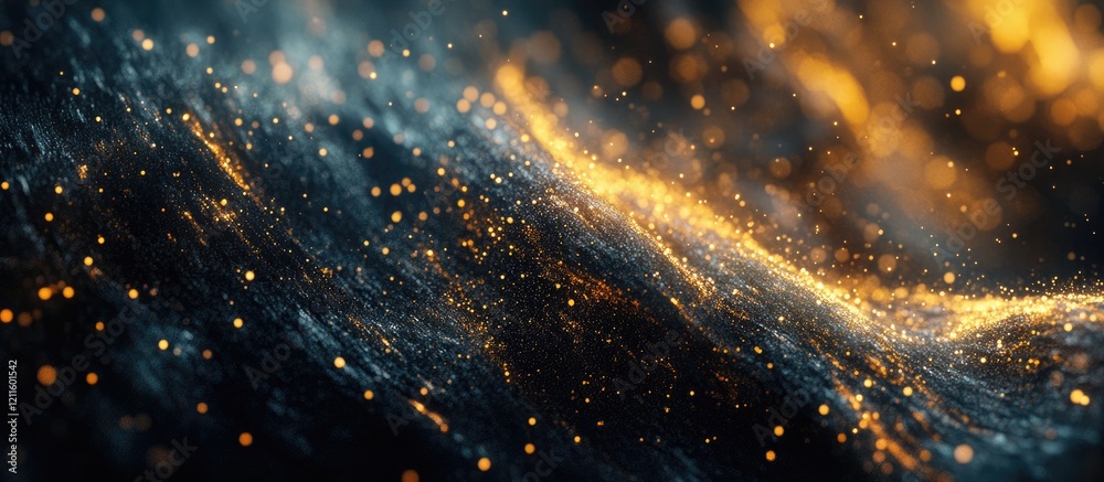 Fototapete Gold and black swirling bokeh lights create a mesmerizing abstract background with shimmering highlights on a dark gradient backdrop.