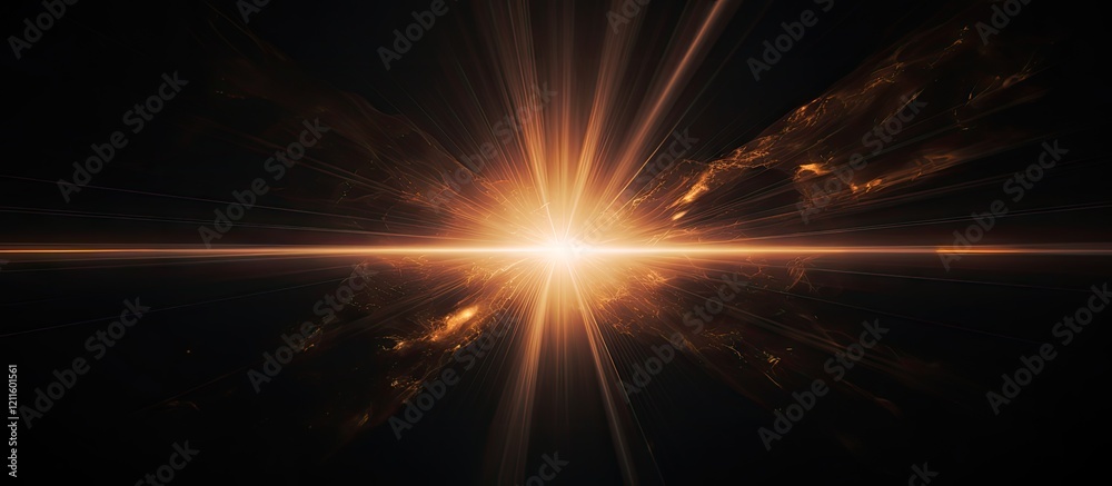 Fototapete golden sun flare radiating from center against a deep black backdrop with sharp light rays extending