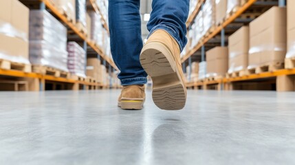 Obraz premium Walking in a Warehouse with Brown Shoes and Blue Jeans on a Concrete Floor