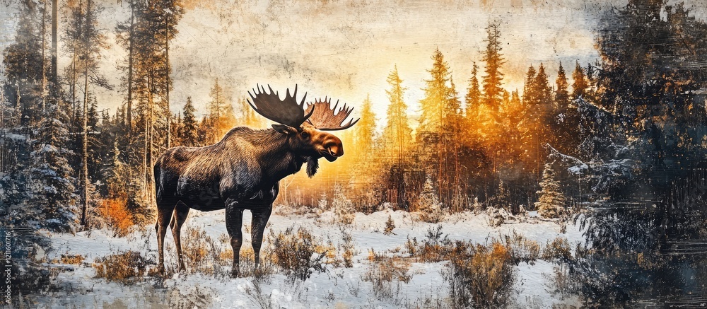 Poster majestic moose standing in serene winter woods with golden sunlight filtering through trees creating