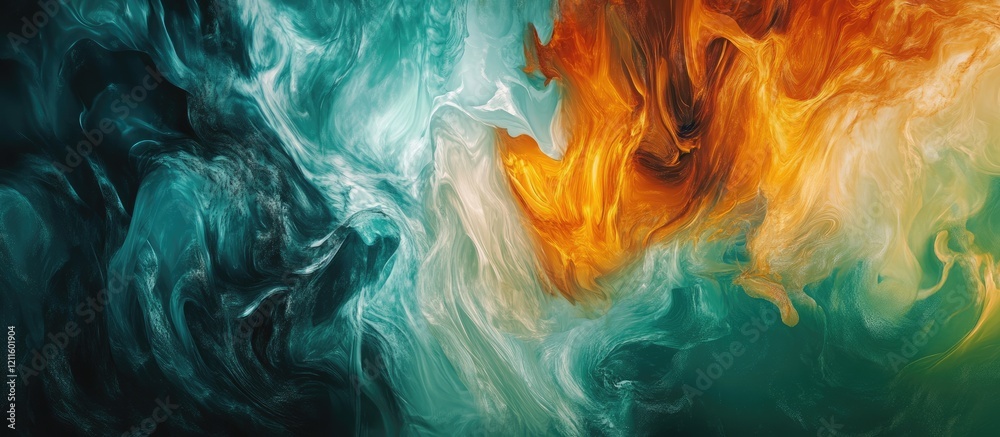 Leinwandbilder Abstract watercolor art featuring swirling teal and orange hues blending harmoniously across the canvas creating a vibrant and dynamic composition.