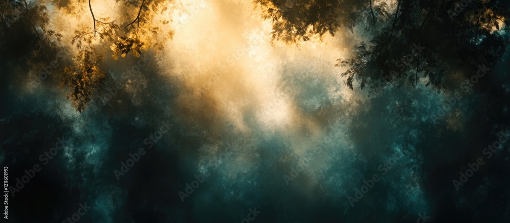 Aufkleber Misty forest with sunlight filtering through leaves creating a warm glow in the upper center against dark green foliage creating a serene atmosphere