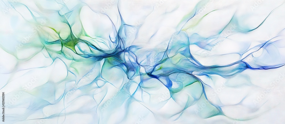 Poster Vibrant abstract art depicting a dynamic white neural network with flowing blue and green hues on a soft white background conveying creativity.