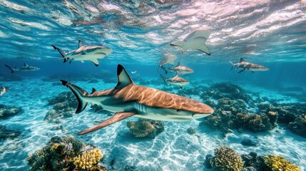Obraz premium The incredible biodiversity of marine life in coral reefs, featuring vibrant and elusive reef sharks in crystal-clear waters. 