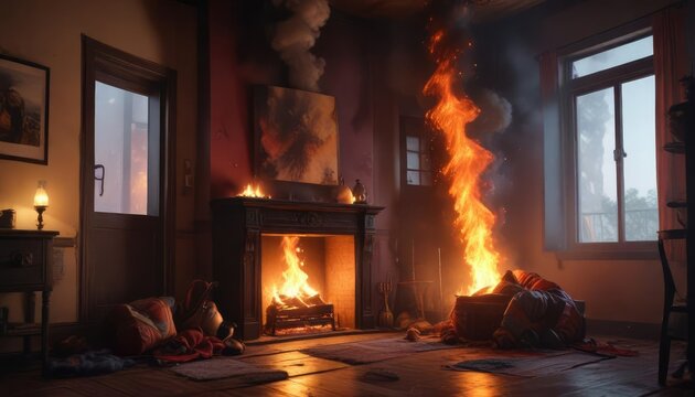 El bombero con manguera apaga un incendio en una habitaci?n llena de humo, agua, manguera, casa