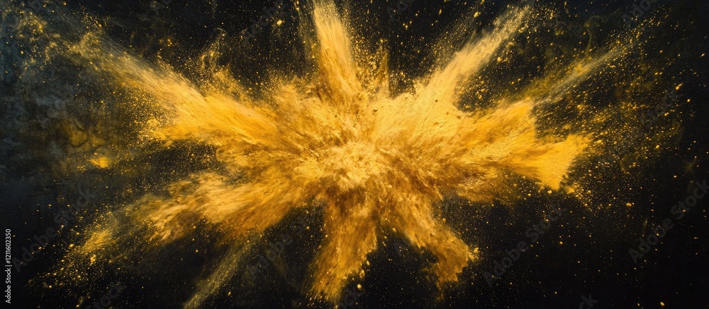 Aufkleber vivid yellow powder explosion against a dark background creates dynamic movement with splashes and p