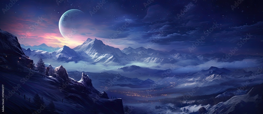 Aufkleber serene nocturnal landscape showcasing distant snowy mountains under a crescent moon with a gradient 