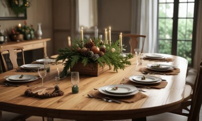 Fototapeta premium Elegant dining table with pine and cedar centerpieces, Christmas decor, festive holiday dinner