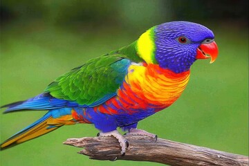 Naklejka premium A colorful rainbow lorikeet perched on a branch, its plumage gleaming under the morning sunlight.