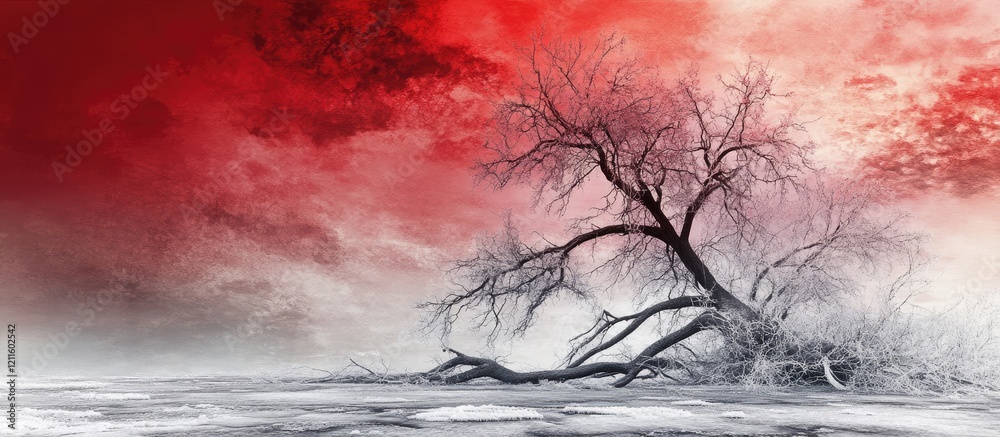 Aufkleber Barren tree limbs extend from snowy ground under a vivid red ombre sky showcasing nature's fragility and isolation in a stark desolate landscape.