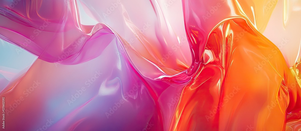 Poster Colorful abstract silk fabric draping in shades of pink orange and purple with soft folds creating a smooth texture on a light background