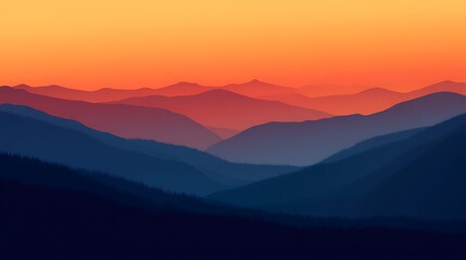 Obraz premium Sunset over layered mountains, a breathtaking view of nature's beauty at dusk. Shades of orange and blue paint the sky and hills.