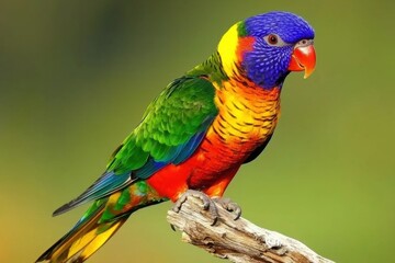 A colorful rainbow lorikeet perched on a branch, its plumage gleaming under the morning sunlight.