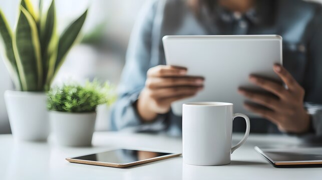 A person using a tablet to manage a remote team while sitting at a home desk with a coffee mug