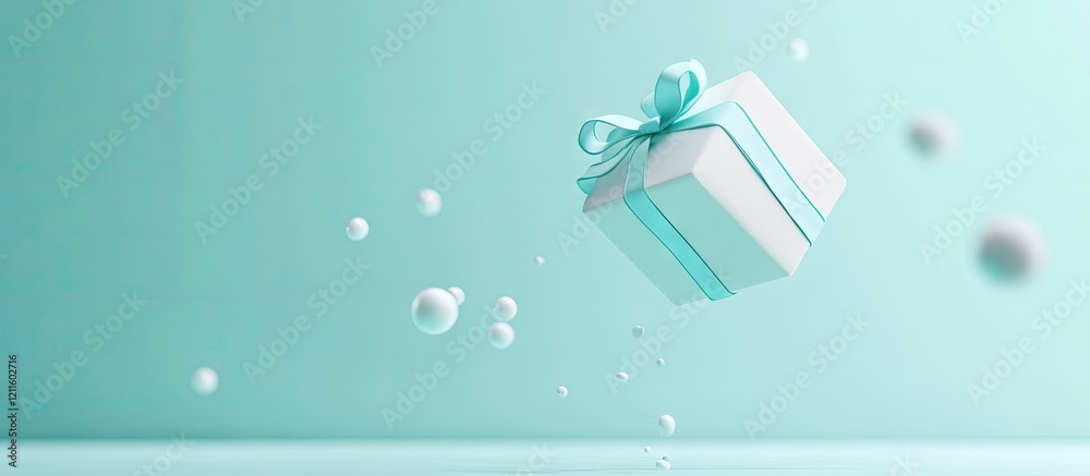 Poster joyful photorealistic gift box with turquoise ribbon floating against a light aqua background with s