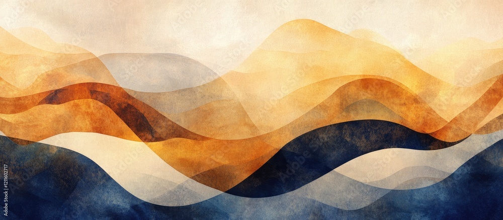 Poster elegant abstract watercolor design showcasing geometric waves in golden orange and navy blue, with d