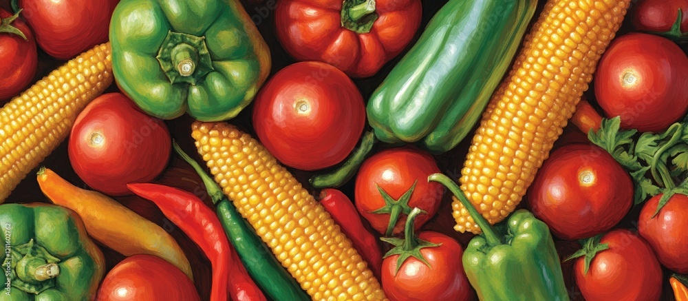 Fototapete vibrant assortment of fresh vegan ingredients featuring green and red peppers corn and tomatoes arra