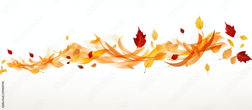 Poster colorful autumn leaves in shades of red, orange, and yellow swirl from left to right against a soft 