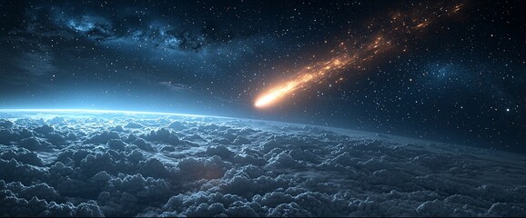 Fototapeta premium Fiery meteor streaks across night sky over planet.