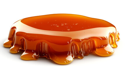 Close-up of a delectable caramel, its rich, golden color and luscious texture highlighted against a pristine white background.
