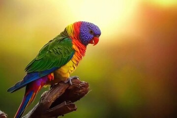 Naklejka premium A colorful rainbow lorikeet perched on a branch, its plumage gleaming under the morning sunlight.