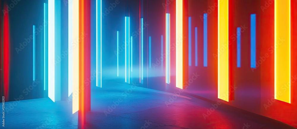 Aufkleber Immersive abstract background showcasing vertical laser blue and red lines highlighting a vibrant, futuristic atmosphere in a darkened space
