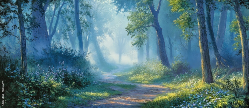 Aufkleber mist-covered forest path at dawn with soft blue and green hues, trees flank the sides, creating a se