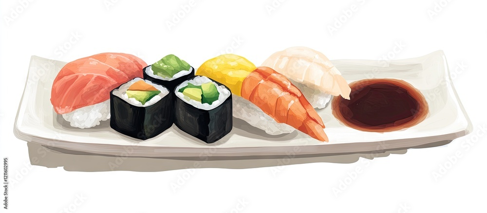 Aufkleber vibrant sushi platter featuring fresh fish and colorful vegetables on a minimalist white plate with 