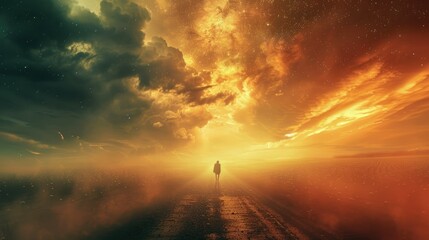 Fototapeta premium A solitary figure walks down a foggy road under a dramatic, colorful sky.