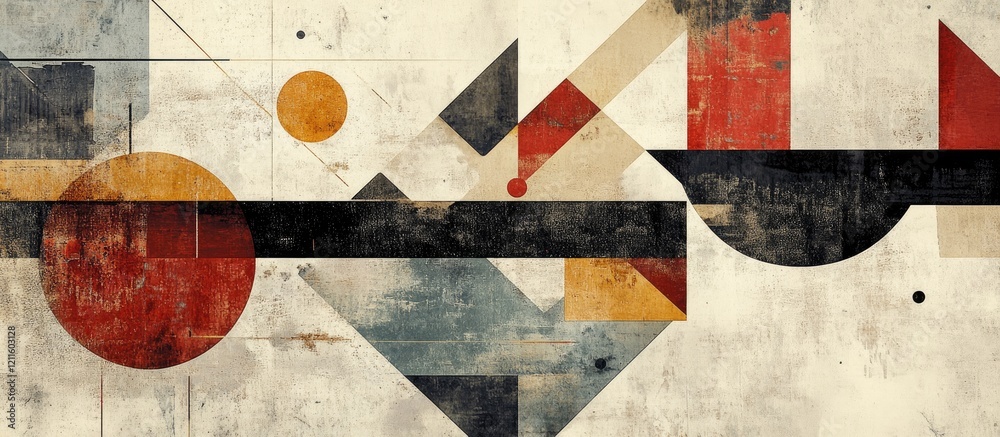 Aufkleber abstract geometric art composition in muted earth tones of red, orange, and black with textured grai