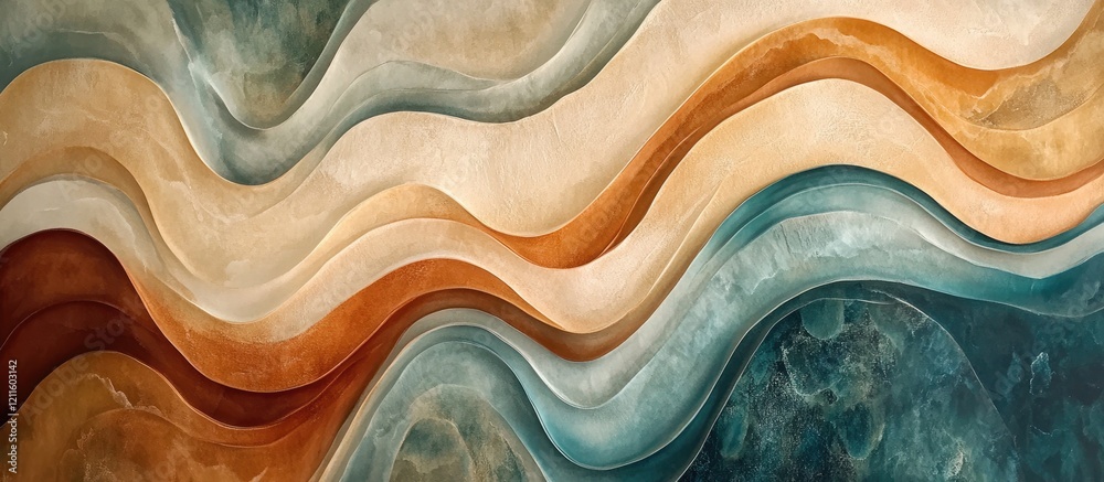 Leinwandbilder wavy abstract organic shapes in soft earthy tones of brown, cream, and teal create a calming atmosph