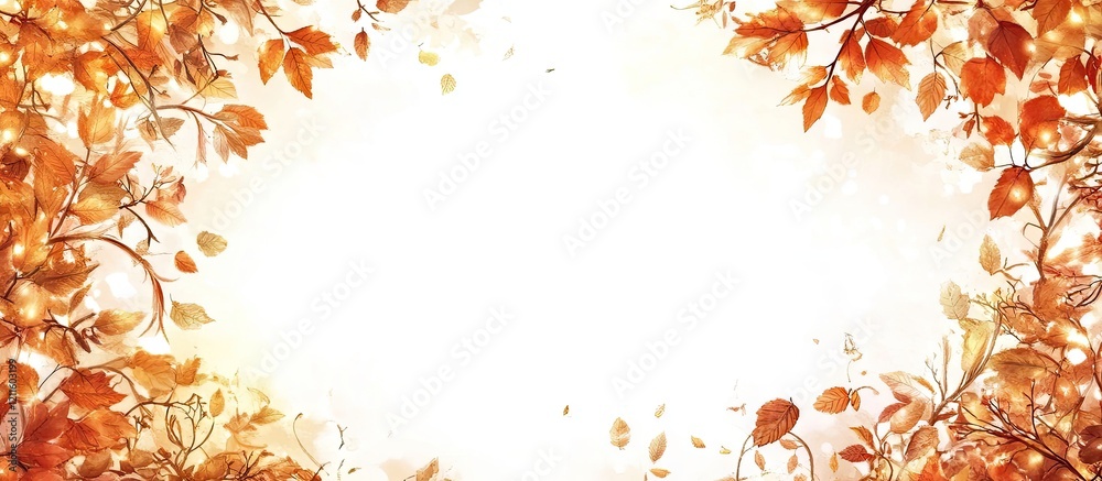Poster Autumn foliage frame with vibrant orange and yellow leaves at the top and bottom on a soft white background creating ample copy space.