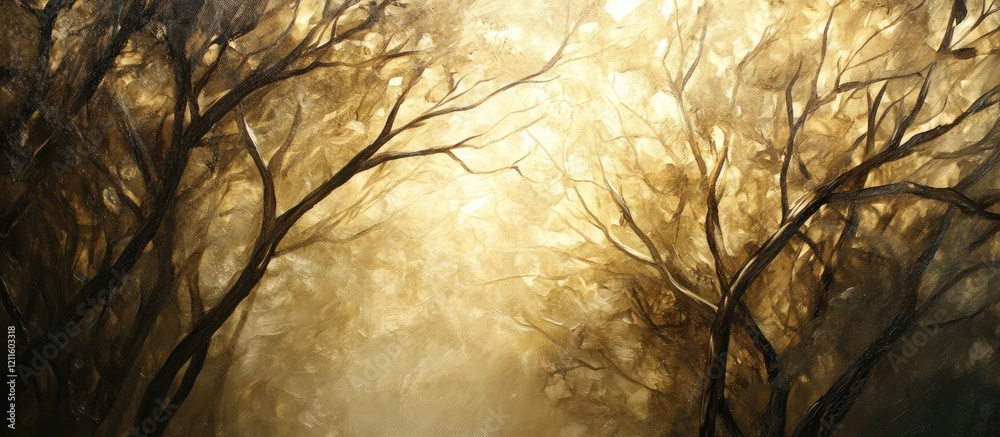 Poster golden sunlit forest with intricate dark branches silhouetted against a warm glowing background, cre
