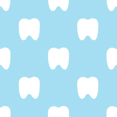 A minimalistic pattern for dentistry. Outline of a white tooth on a blue background. Seamless texture.