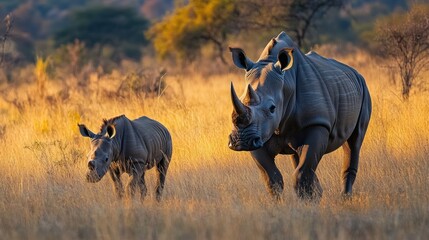 Obraz premium A thrilling safari adventure through the African wilderness, where giraffes tower over the landscape and rhinoceroses graze peacefully in the golden grasslands.