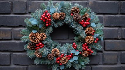 Festive Christmas wreath adorned with pinecones and red berries against a dark brick wall