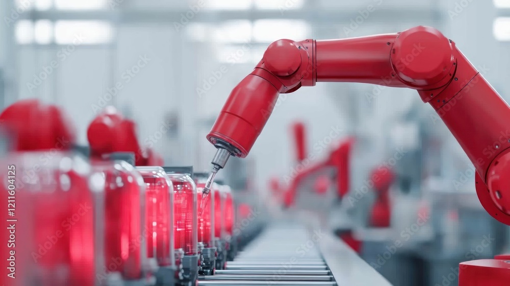 Poster Red Robotic Arm in a Modern Factory with Transparent Bottles on a Conveyor Belt