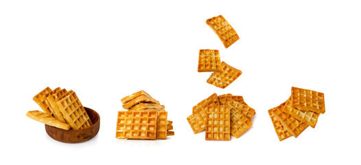 Falling Belgian Waffle Isolated, Flying Square Waffled Cookie, Soft Golden Belgium Waffles