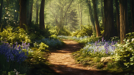 Obraz premium Sunlit Forest Path with Bluebells: A Magical Spring Landscape