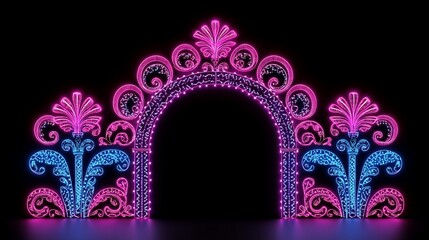 Neon archway with ornate pink and blue floral designs.