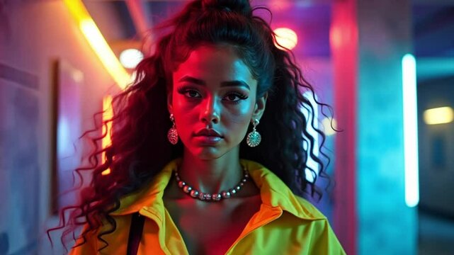 A confident young woman in a neon windbreaker and acid-washed jeans stands under colorful lights, holding a cassette player, embodying vibrant 1980s fashion.