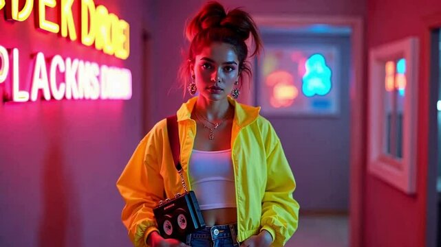 A confident young woman in a neon windbreaker and acid-washed jeans stands under colorful lights, holding a cassette player, embodying vibrant 1980s fashion.
