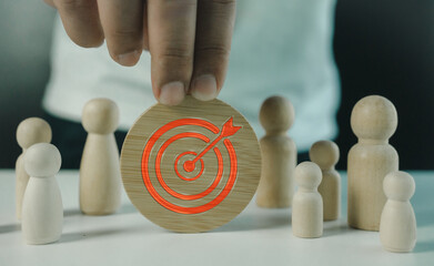Man put target icon for set up challenge and opportunity. Goal setting and target concept. Mission...