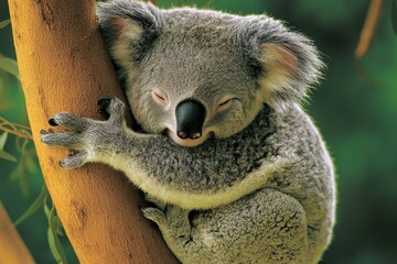 Obraz premium A cuddly koala nestled in the fork of a eucalyptus tree, chewing on leaves with a content expression.
