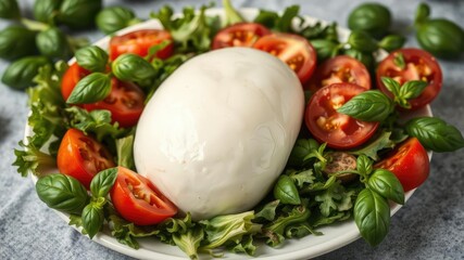 Fresh mozzarella cheese sitting on a bed of mixed greens with sliced tomatoes and basil leaves, diet, fresh mozzarella