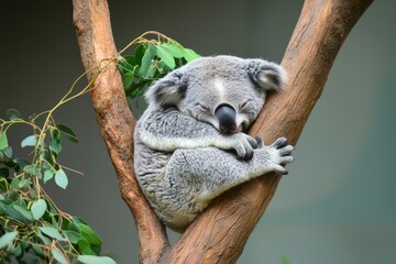 Fototapeta premium A cuddly koala nestled in the fork of a eucalyptus tree, chewing on leaves with a content expression.