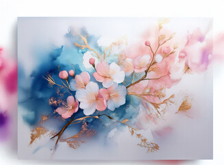 Delicate watercolor painting of cherry blossoms and grasses.  Soft pink and white flowers against a teal and gold background.  Subtle color blending creates a dreamy effect.