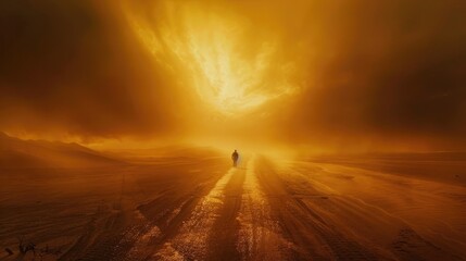 A solitary figure walks along a road under a dramatic, golden sky, evoking a sense of journey.