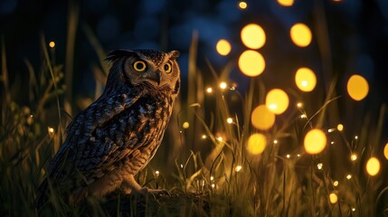 A rare glimpse into the hidden world of nocturnal wildlife, featuring elusive owls, and glimmering fireflies illuminating the night. 